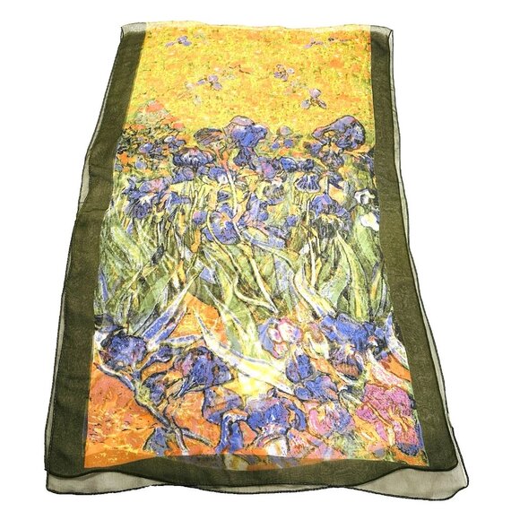 VTG Vincent Van Gogh Silk Scarf Irises Purple Orange Green Lightweight 60x20” - Picture 7 of 8